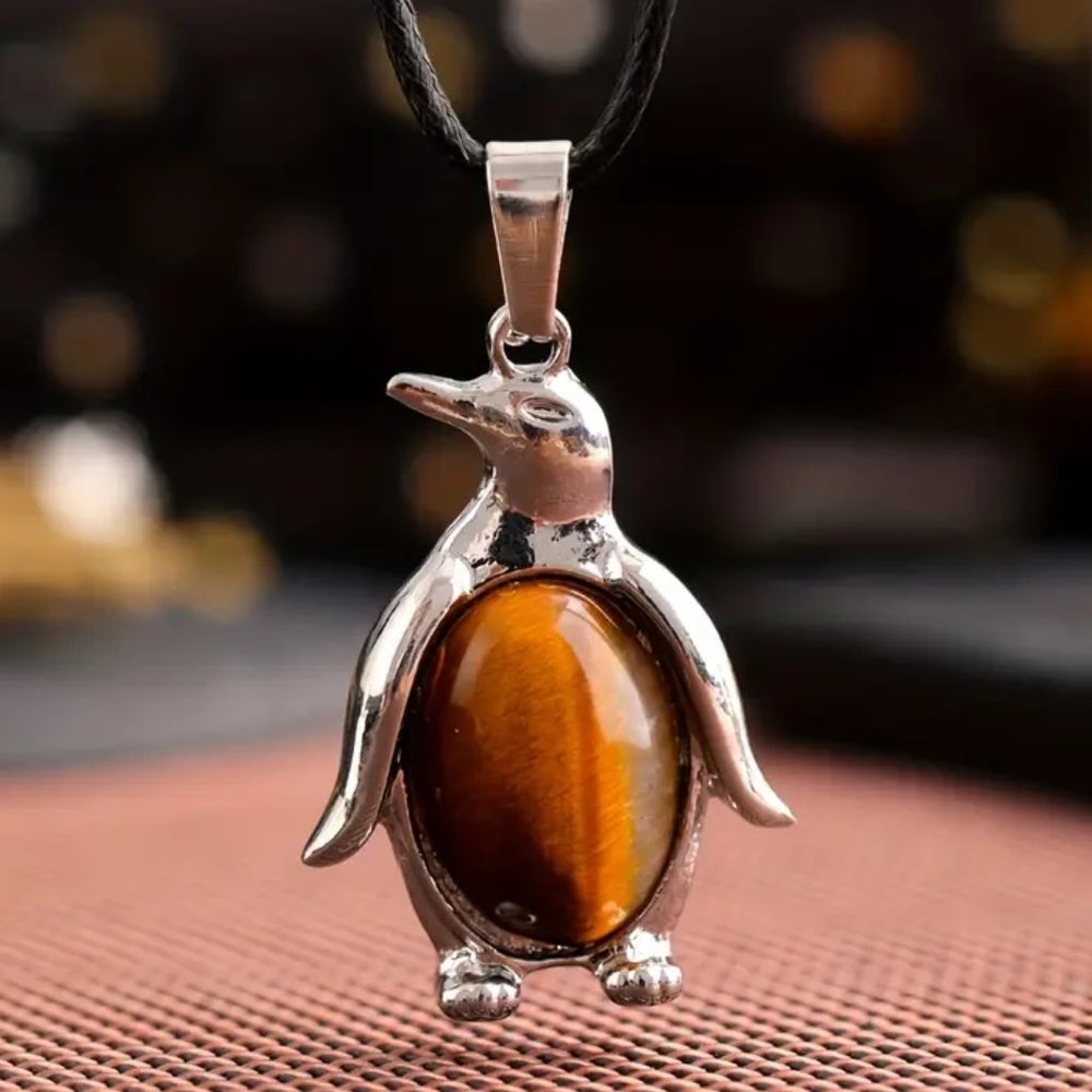 Tiger Eye Natural Stone Penguin Shaped Pendant Necklace Healing Gemstone Pendant